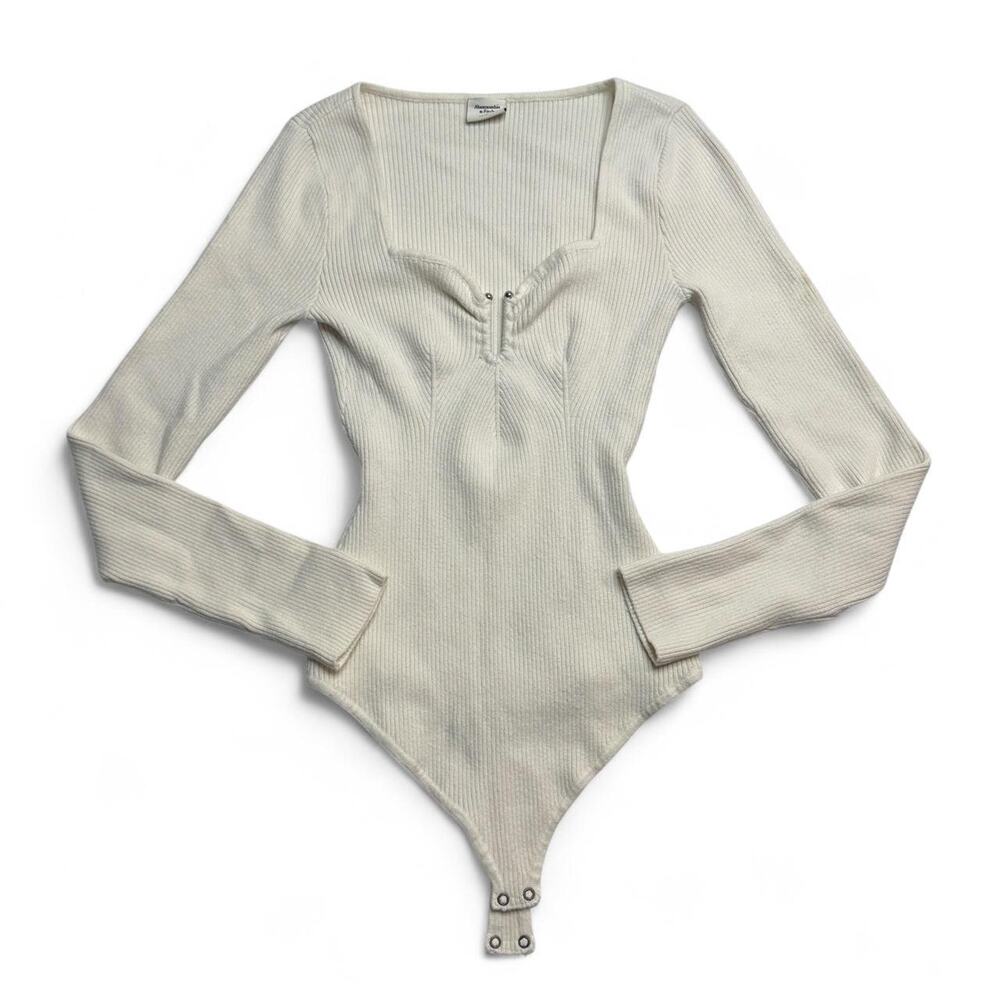 Abercrombie & Fitch cream cotton ribbed knit bodysuit with cutouts in size S